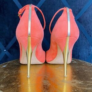 Miu Miu Coral & Gold Suede Ankle Wrap Heels 38.5